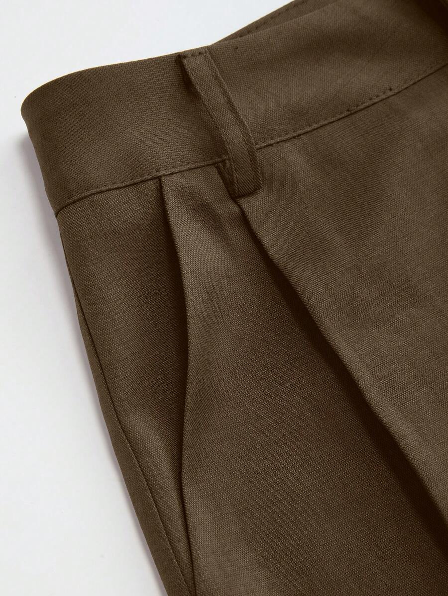 Vela Rue Minimalist Design Hook & Eye Closure Lightweight Slightly Sheer Navy Blue Solid Color Suit Pants With Zipper Hook & Eye Wide Leg Slimming Brown - Brown - View 3